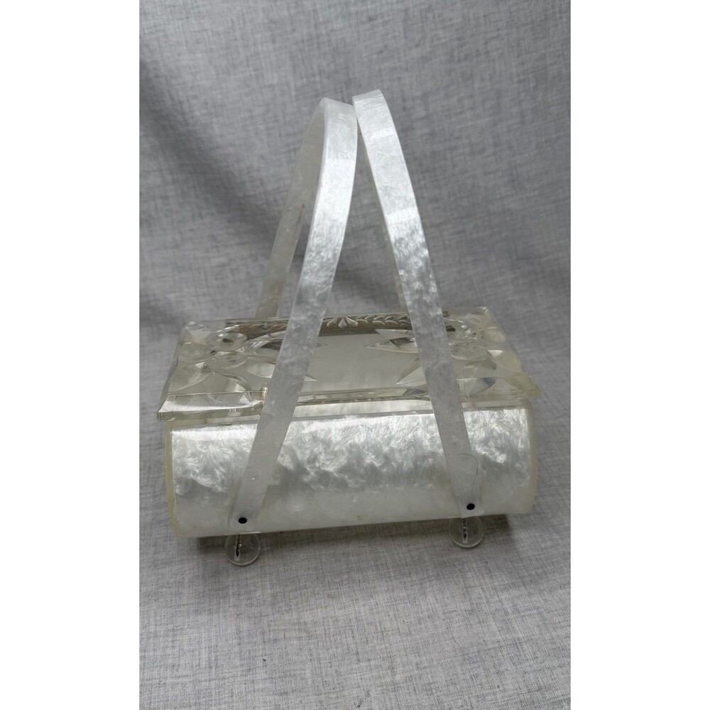Vintage Rialto NY Lucite Purse white Pearl Clear Floral Lid Handbag Clutch 50’s